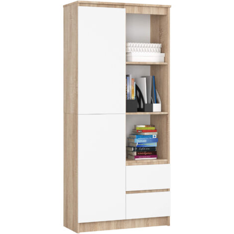 Akord – Bibliothèque enfant 80 cm – Chêne Sonoma – 1 porte, 2 tiroirs, 7 étagères – Dimensions 80x35x180 cm – Panneau laminé E1