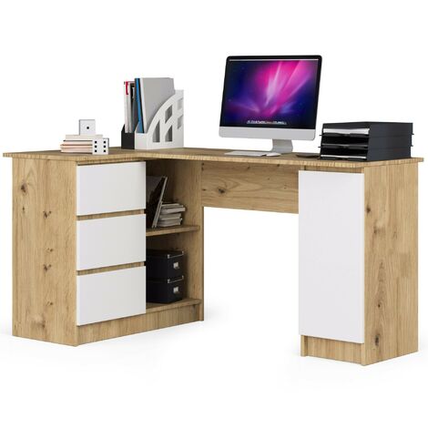 Akord – Bureau d'angle gauche 155 cm – Chêne artisan – 3 tiroirs – 4 étagères – Résistant à l'abrasion – Facile à assembler – Dimensions 155x85x77 cm