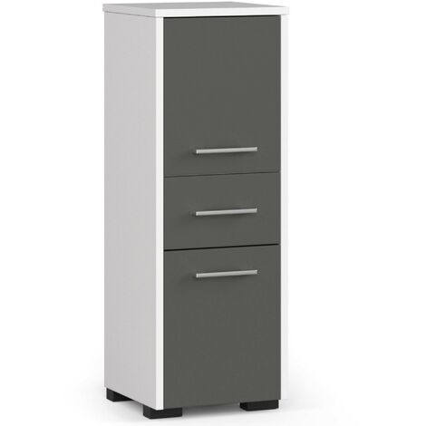 Akord – Colonne de salle de bain 30 cm – 2 portes – 1 tiroir – 3 étagères – Panneau stratifié – Finition mate – Corps blanc, façades gris