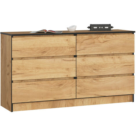 Akord – Commode 6 tiroirs chêne craft 138 cm – Dimensions 138x40x77 cm – Panneau laminé KRONOSPAN – Certification E1