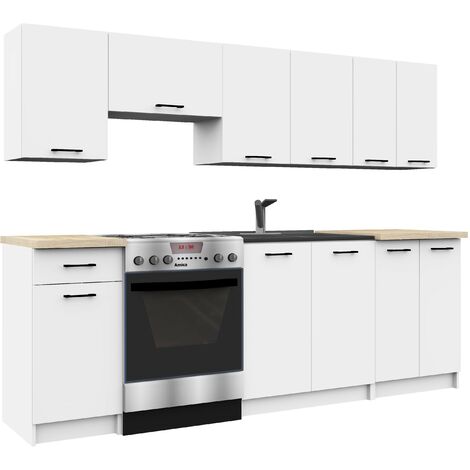 Akord – Ensemble de cuisine 240 cm blanc – 11 portes et 1 tiroir – Panneau stratifié 16 mm – Design minimaliste pour petites cuisines