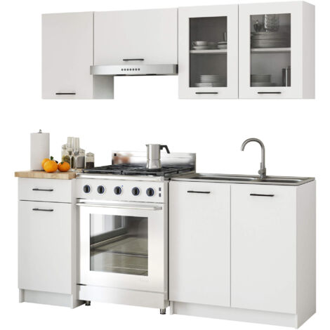 Akord – Ensemble de cuisine vitré 180 cm – 7 portes, 1 tiroir, 8 étagères – Panneau laminé blanc – Hauteur 203 cm, profondeur 46 cm