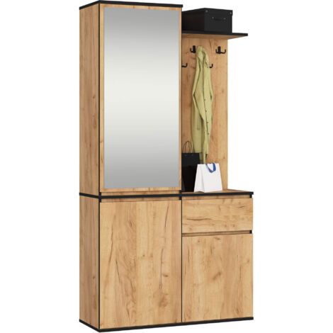 Akord – Ensemble de meubles d'entrée avec armoire et miroir en chêne craft – 3 portes, 1 tiroir, 7 étagères – Dimensions 95x35x183 cm