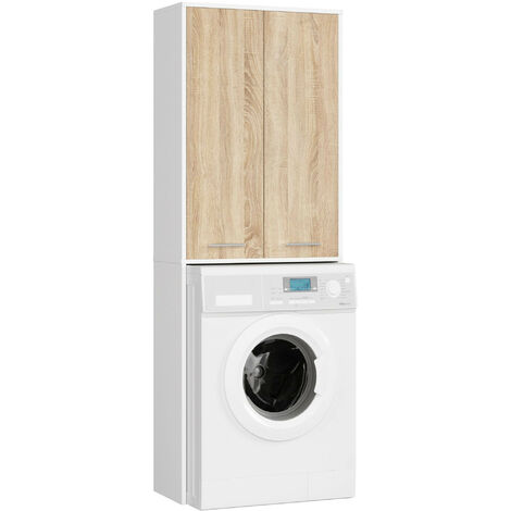 Akord – Meuble machine à laver 64 cm – 2 portes en chêne sonoma – 4 étagères – Dimensions 64x30x180 cm – Panneau stratifié blanc