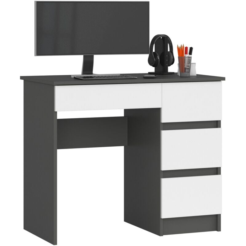 Scrivania per computer Akord A7 Grigio Grafite 90 cm 4 cassetti inserto frontale Bianco 90x50x77 cm Modello a destra