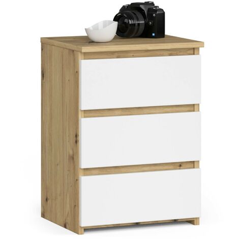 Akord – Table de chevet 3 tiroirs chêne artisan – Façade blanche – Dimensions 40x35x57 cm – Panneau stratifié résistant à l'usure