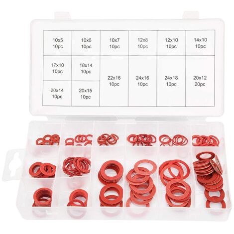 Akozon Kit de 150 rondelles plates en fibre de papier, 14 tailles, rondelles isolantes en acier rouge, avec étui et boîte