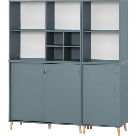 Aktenschrank Büro mit Schloss auf Massivholz Füßen SISAK-80 in blau, B/H/T: ca. 151,1/175,2/41 cm