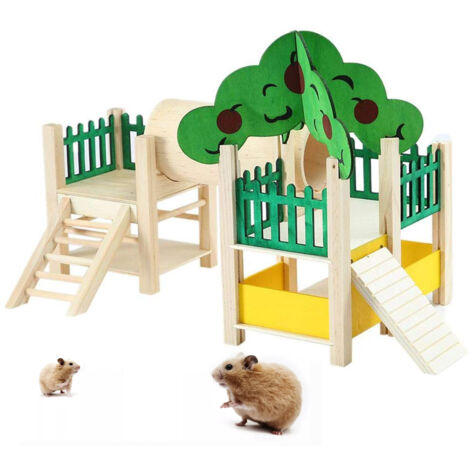 Aktivitätsspielzeug aus Holz für Hamster mit Leiter, Spielbereich und Futternapf – Käfigzubehör