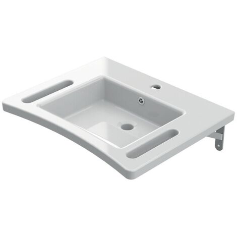AKW – Vasque PMR en pierre synthétique blanche 600 x 480 x 130 mm – Design ergonomique avec poignées – Charge maximale 150 kg – Percée 1 trou et trop-plein