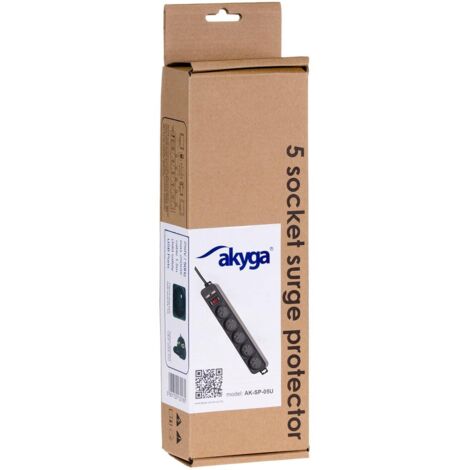 Akyga AK-SP-05U Überspannungsschutz-Steckdosenleiste mit 5 Steckdosen, 2 x USB 5V, Schalter, 1,5 m