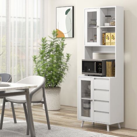 Alacena de Cocina Aparador con 2 Puertas de Vidrio Compartimentos 4 Cajones y Estantes Ajustables 60x35x180 cm Blanco