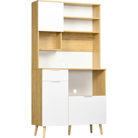 Alacena de cocina mueble auxiliar de cocina con 3 puertas cajón estante ajustable encimera para microondas y toallero 93x40x180 cm natural