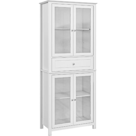 Alacena de Cocina Mueble Vitrina con 4 Puertas de Vidrio Templado Cajón y Estantes Ajustables 74x35,5x181,5 cm Blanco