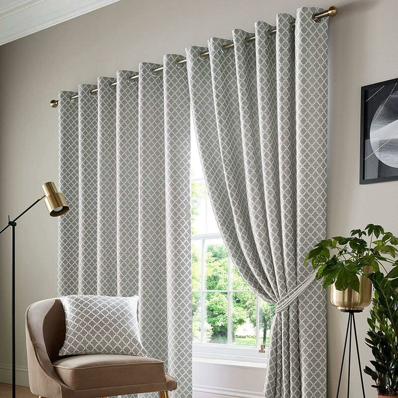 Jacquard Curtains Eyelet Ring Top Fully Lined, Polyester, Silver, 46 x 54 - Alan Symonds