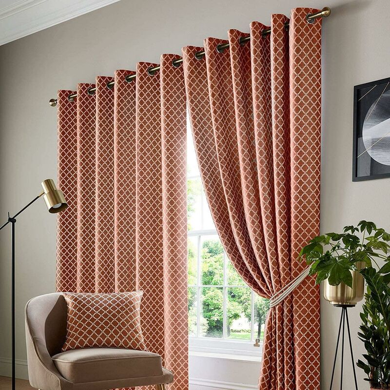 Jacquard Curtains Eyelet Ring Top Fully Lined Ready Made, Polyester, Orange, 46 x 72 - Alan Symonds