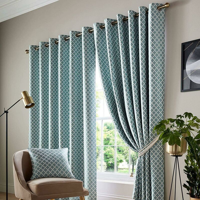 Jacquard Curtains Eyelet Ring Top Fully Lined Ready Made, Polyester, Teal, 66 x 54 - Alan Symonds
