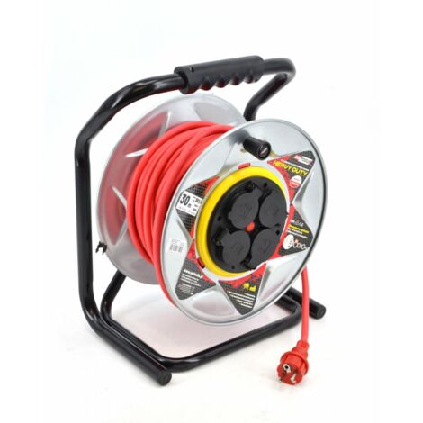 Alargador con enrollador metálico, Awtools, modelo Heavy Duty 50m 3x2,5 mm, uso exterior, resistente al agua y polvo, 16A, 3680W, IP44, color rojo, alta durabilidad.