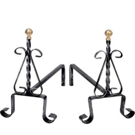 Alari camino tortiglione + ricci ferro battuto + pomi ottone cm 35 h.cm 30 cf=pz 2