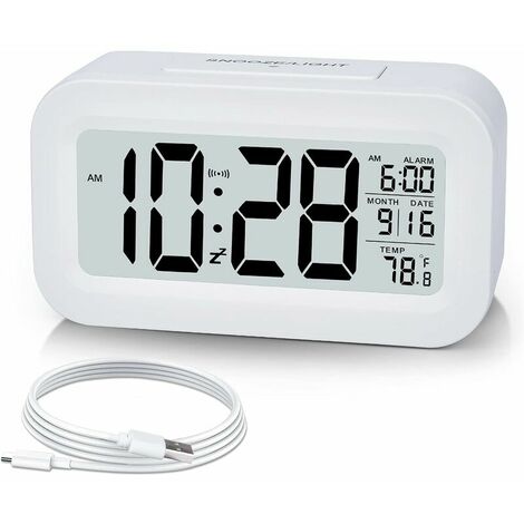 Alarm Clock, Small Digital Alarm Clock, 5.1 LCD Display with USB Charger, Snooze, Minutes, Date Calendar, Temperature Alarm Display, White