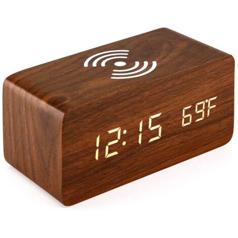 Alarm Clock with Qi Wireless Charging Pad Compatible with iPhone Wooden LED Digital Clock Sound Control Function, Time Date
