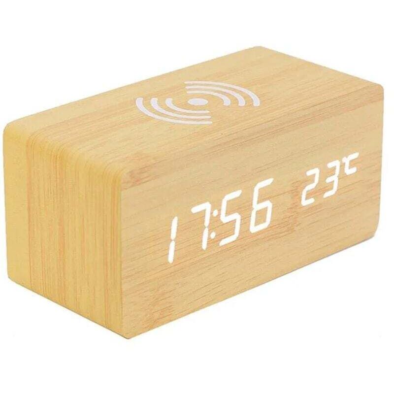 Alarm Clock with Thermometer Digital Wooden Alarm Clock LED Digital Wooden Alarm Clock with Wireless Charger, Wooden Alarm Clock with Induction