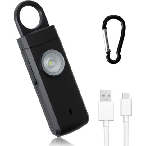 Alarma de emergencia antiagresión recargable de 130 dB con LED, llavero de seguridad compacto y silencioso – Negro