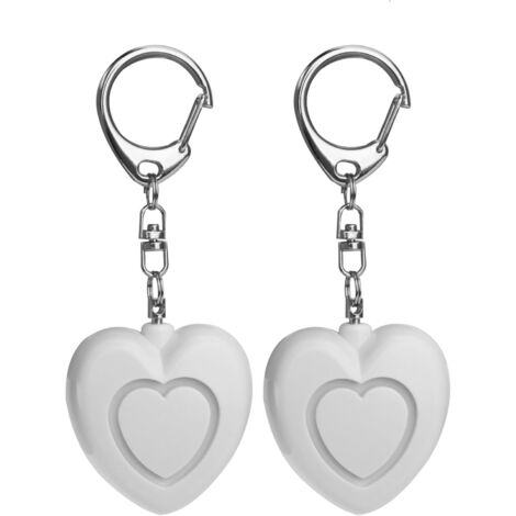 Alarma de seguridad personal con luz LED, llavero en forma de corazón, esencial para viajes al aire libre, 125 dB, blanco, paquete de 2