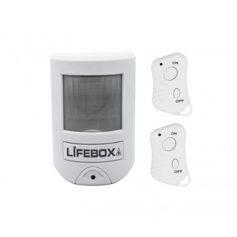 Alarme anti-intrusion avec détecteur de mouvement – 105 dB – 2 télécommandes – Portée 7m – Angle de détection 90°/140° – Installation facile – Lifebox