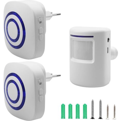 Alarme de passage sans fil, sonnette de magasin avec système d'alarme sans fil comprenant 2 récepteurs électroniques enfichables, 1 détecteur de mouvement PIR, détecteur de passage, système d'alarme