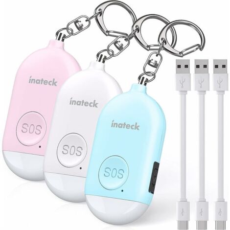 Alarme de Poche Anti Agression Rechargeable Porte-clés Sécurité Alarme Auto-Défense avec Lumière LED pour Femmes, Hommes, Enfants et Personnes gées, 130 DB, 3 pièces, PA1001