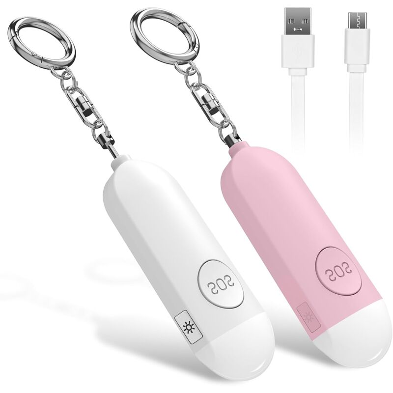 Linghhang - Alarme de poche rechargeable 2 pièces (rose + blanc), défense personnelle de base, livrée avec sirène anti-attaque 130 db et lumière led,