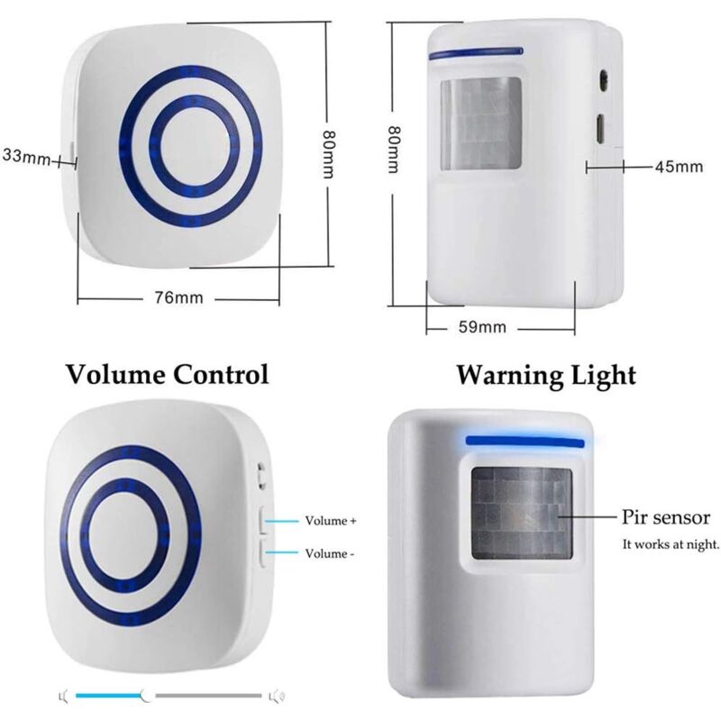 Alarme de sécurité à détecteur de mouvement extérieur sans fil : sonnette de porte à détecteur de mouvement infrarouge avec 1 récepteur enfichable et