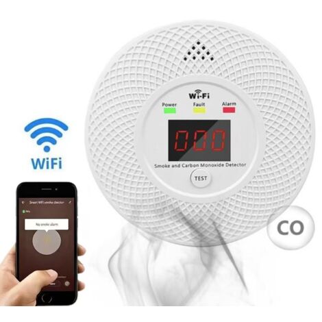 Alarme incendie WiFi, détecteur de fumée et de monoxyde de carbone, avec voyant d'avertissement à double capteur, alimentée par batterie.