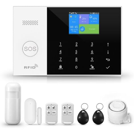Alarme Maison sans Fil Intelligent WiFi/GSM Kit Système d'Alarme connectée 1 sirène,1 Détecteur de Ouverture Porte Fenêtre,2 Télécommandes,1 capteur de Mouvement,Tuya APP