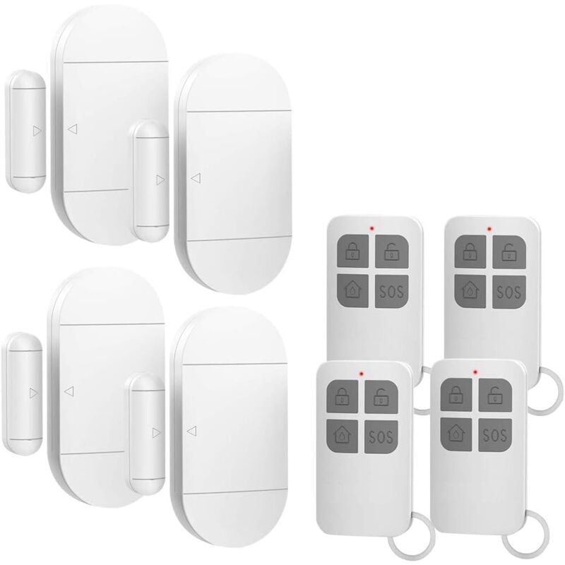 Alarme maison 4pcs Alarme de Porte et Fenêtre Capteur sans Fil Magnétique avec 4 Télécommandes pour Système de Sécurité Maison Sécurité