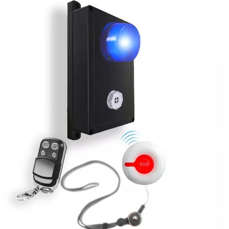 Alarme panique SOS sans fil 300m magasin/bureaux/entreprise noire - flash bleu & sirène multi tonalités (gamme KP)
