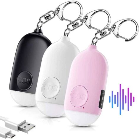 Alarme personnelle pour femmes, porte-clés d'autodéfense, sécurité approuvée par la police, lampe torche LED rechargeable 130 dB, étanche, pour personnes âgées et enfants, lot de 3, blanc, noir, rose