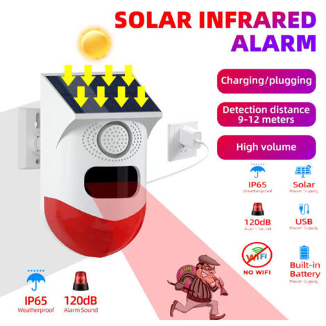 Alarme sonore et lumineuse infrarouge à induction du corps humain solaire Lumière stroboscopique d'alarme 120dB, adaptée à la maison, à la ferme, à la grange, à la villa, au jardin