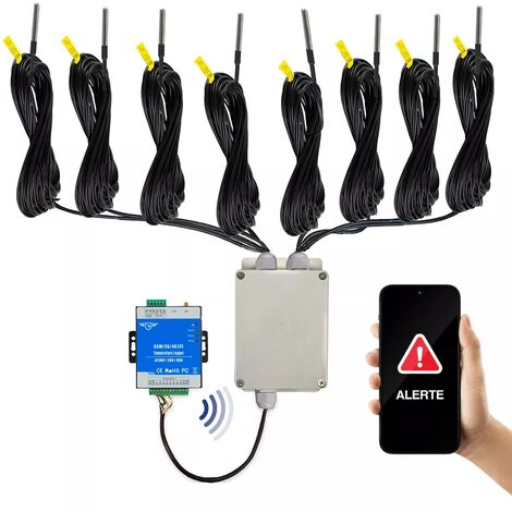 Alarme surveillance température GSM 4G MULTI sondes (frigo / chambre froide) appels & SMS avec 8x sonde 20m (KPX8)