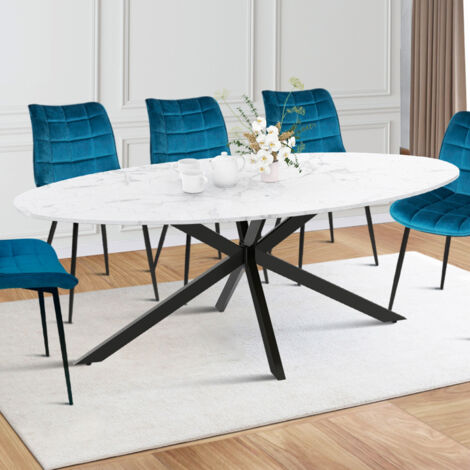 ALASKA mesa de comedor ovalada para 10 con efecto mármol blanco y pata de araña de metal 200 cm