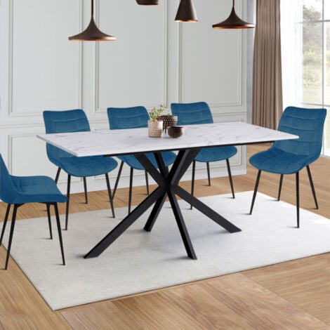 ALASKA mesa de comedor para 8 con efecto mármol blanco y pata de araña de metal 160 cm