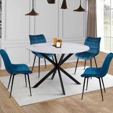 IDMARKET ALASKA mesa de comedor redonda 4-6 personas efecto mármol blanco y pata de araña de metal 120 cm