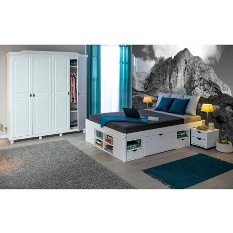 ALASKA - Pack Lit 160x200cm Multi-Rangements + Armoire 4 Portes
