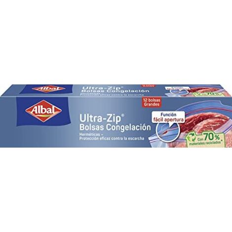 Albal Bolsas Congelación Ultra Zip 3 Litros, Fabricadas con 70% de Materiales Reciclados, Muy Resistentes, Reutilizables, Reciclables, Cierre Ultra-Zip Hermético, 12 Bolsas Grandes. Libres de BPA