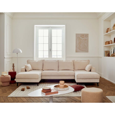 Albane - 7-sitzer wohnlandschaft in u-form - mit schlaffunktion und bettkasten - aus cord - beige