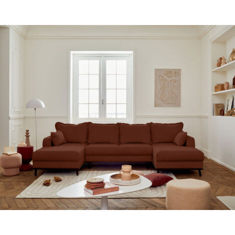 Albane - 7-sitzer wohnlandschaft in u-form - mit schlaffunktion und bettkasten - aus cord - rostfarben