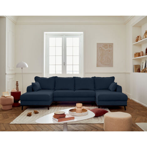 Albane - 7-sitzer wohnlandschaft in u-form - mit schlaffunktion und bettkasten - aus cord - schieferblau