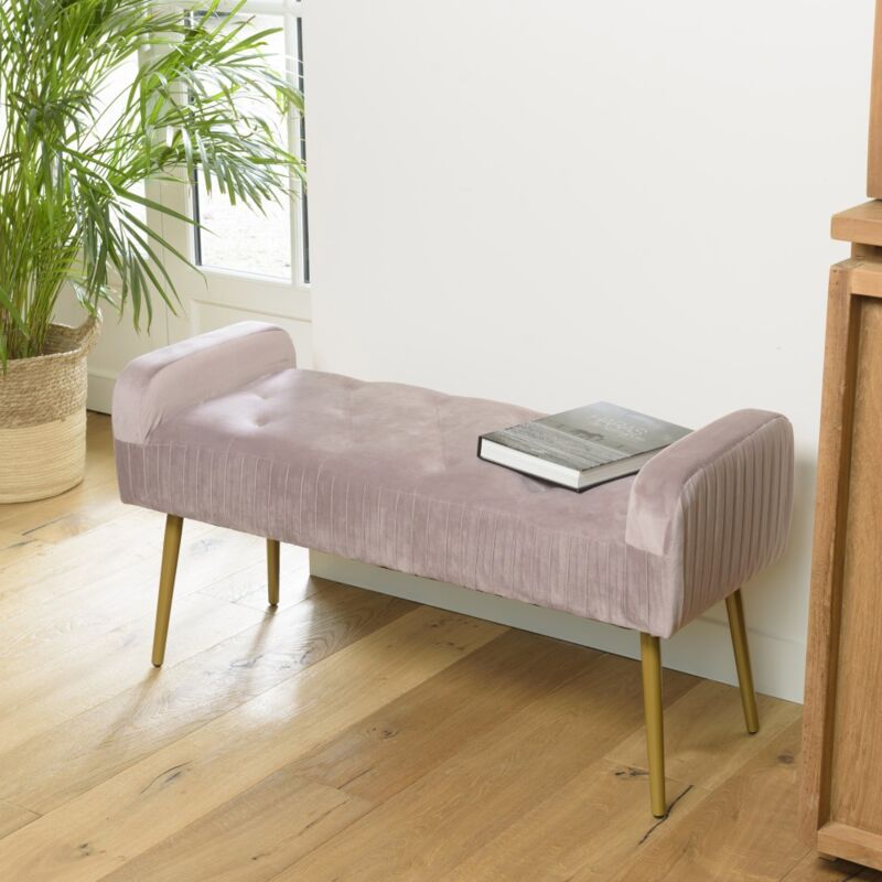 Macabane - albane - Banc de lit velours rose poudré pieds métal doré