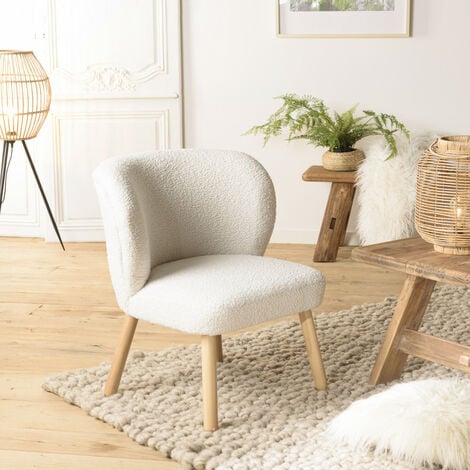 MACABANE ALBANE - Fauteuil en tissu bouclette blanc pieds en bois